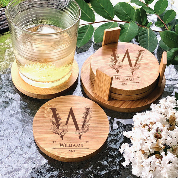 Custom Round Bamboo Coasters – Set of 4 – Personalized Drink Coasters – Eco-Friendly Gift – Housewarming, Wedding, Anniversary