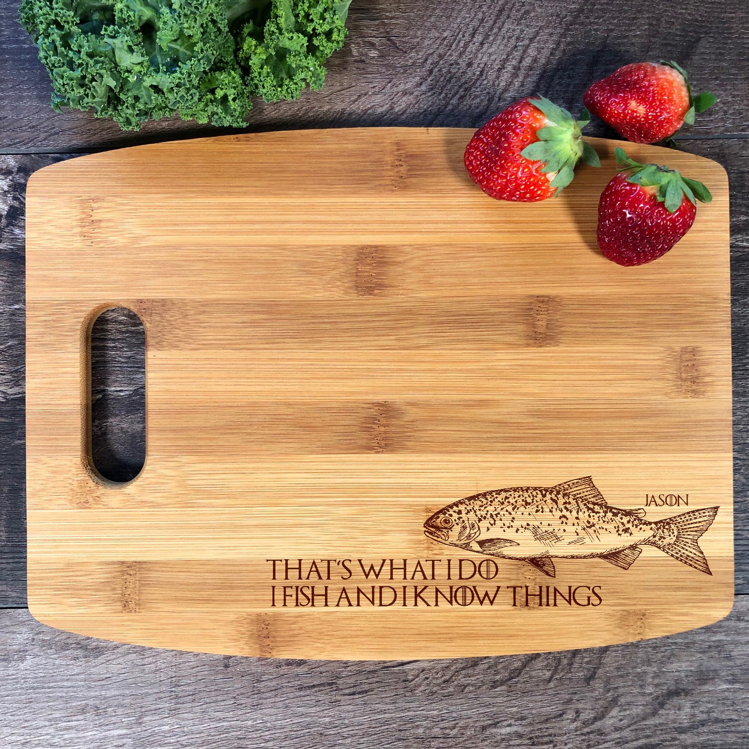 That's What I Do. I Fish Cutting Board. M61 - Bamboo/handle 9x12