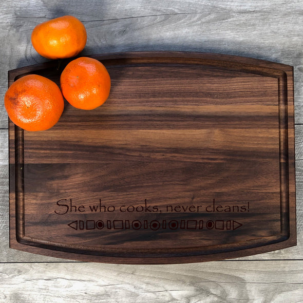 She Who Cooks Never Cleans. Custom Cutting Board. Personalized Board. M33
